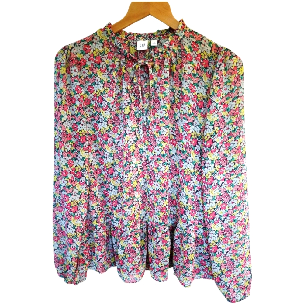 Gap Floral Semi Sheer Tie Neck Ruffle Shirt S